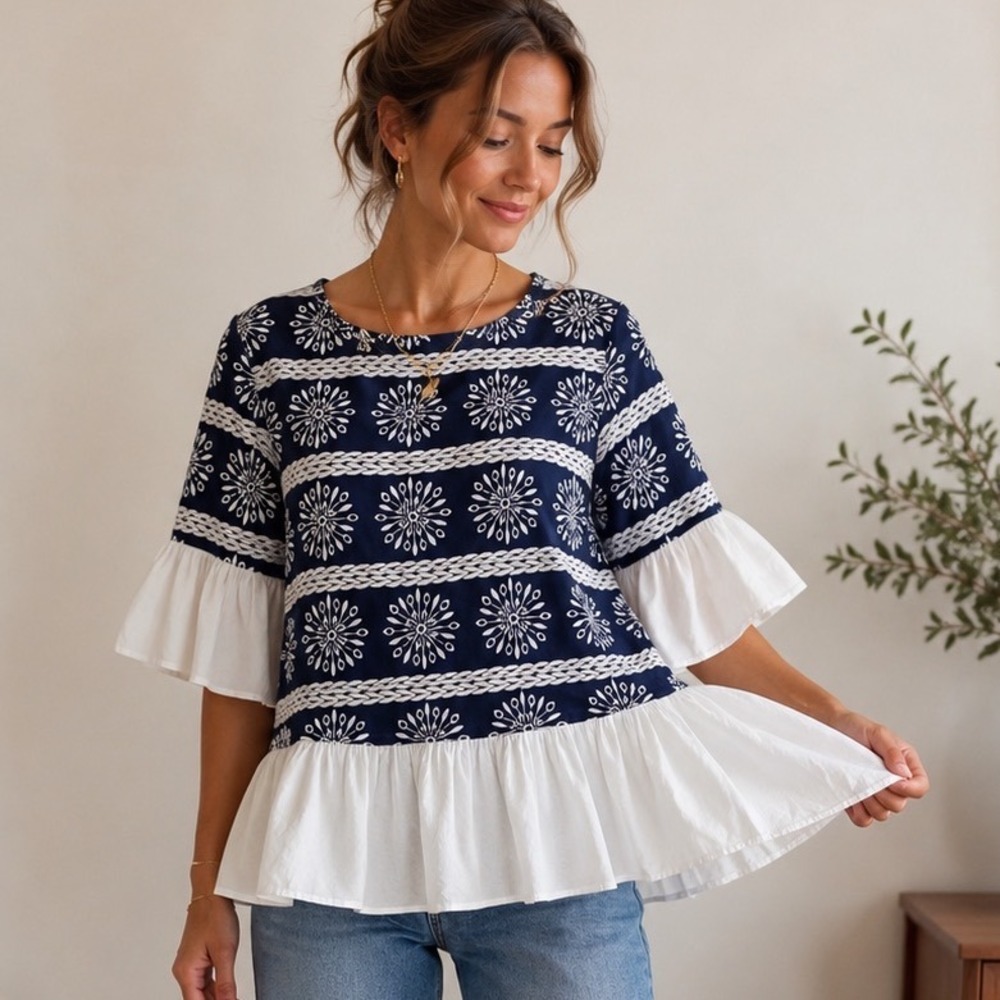 Velzera Womens‎ Navy Blue White Embroidered Cotton Peplum Boho Top Large